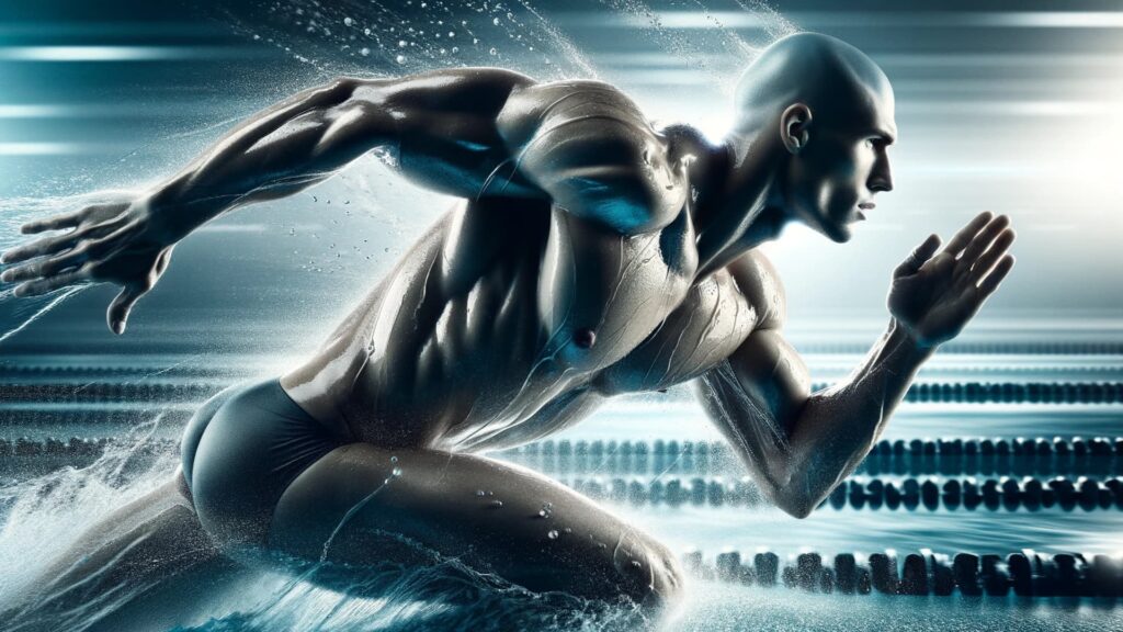 Male athlete with smooth, hairless skin in dynamic motion, showcasing streamlined performance.